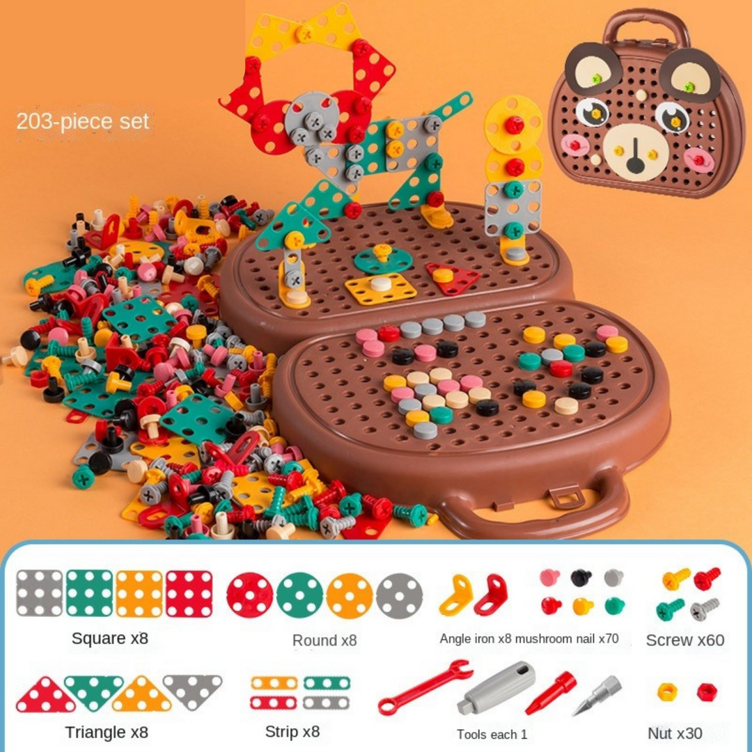 Brown 203-piece construction set with bear-shaped case and illustrated component counts