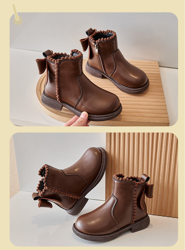 Two views of brown ankle boots highlighting the side zipper, rounded toes, and back bows