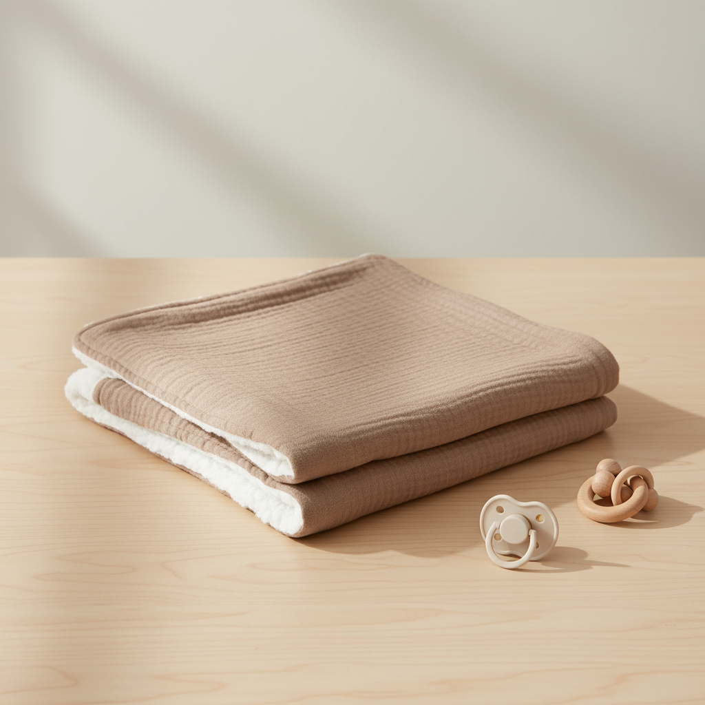 Folded brown baby blanket with a textured outer face and white sherpa backing