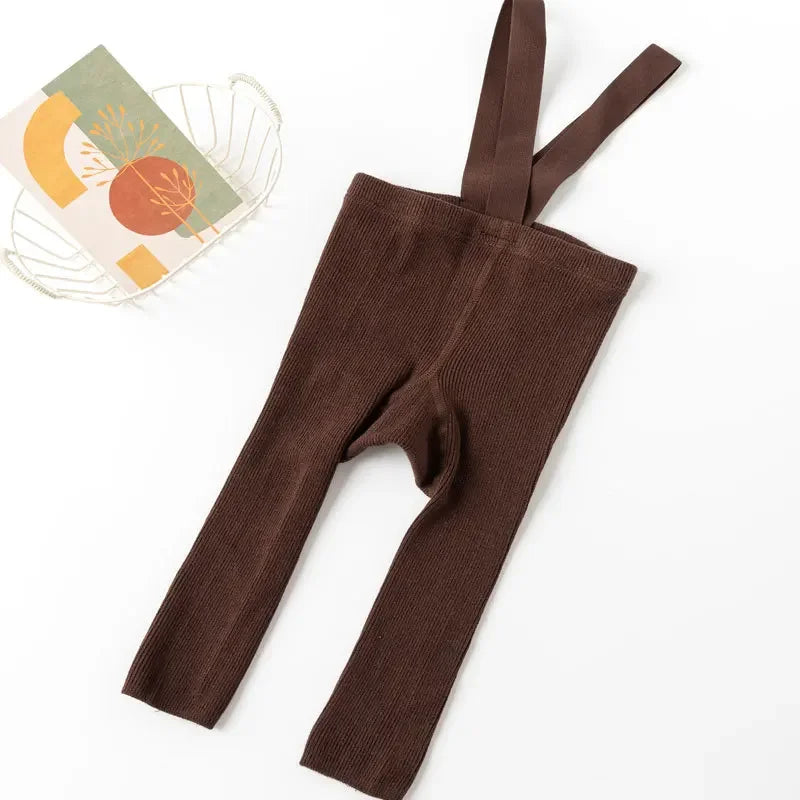 Brown baby leggings with long legs and matching suspenders