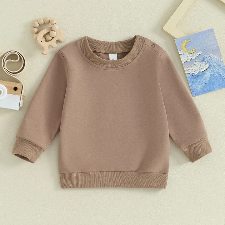 Brown baby sweatshirt with a crew neck, long sleeves, and ribbed trim
