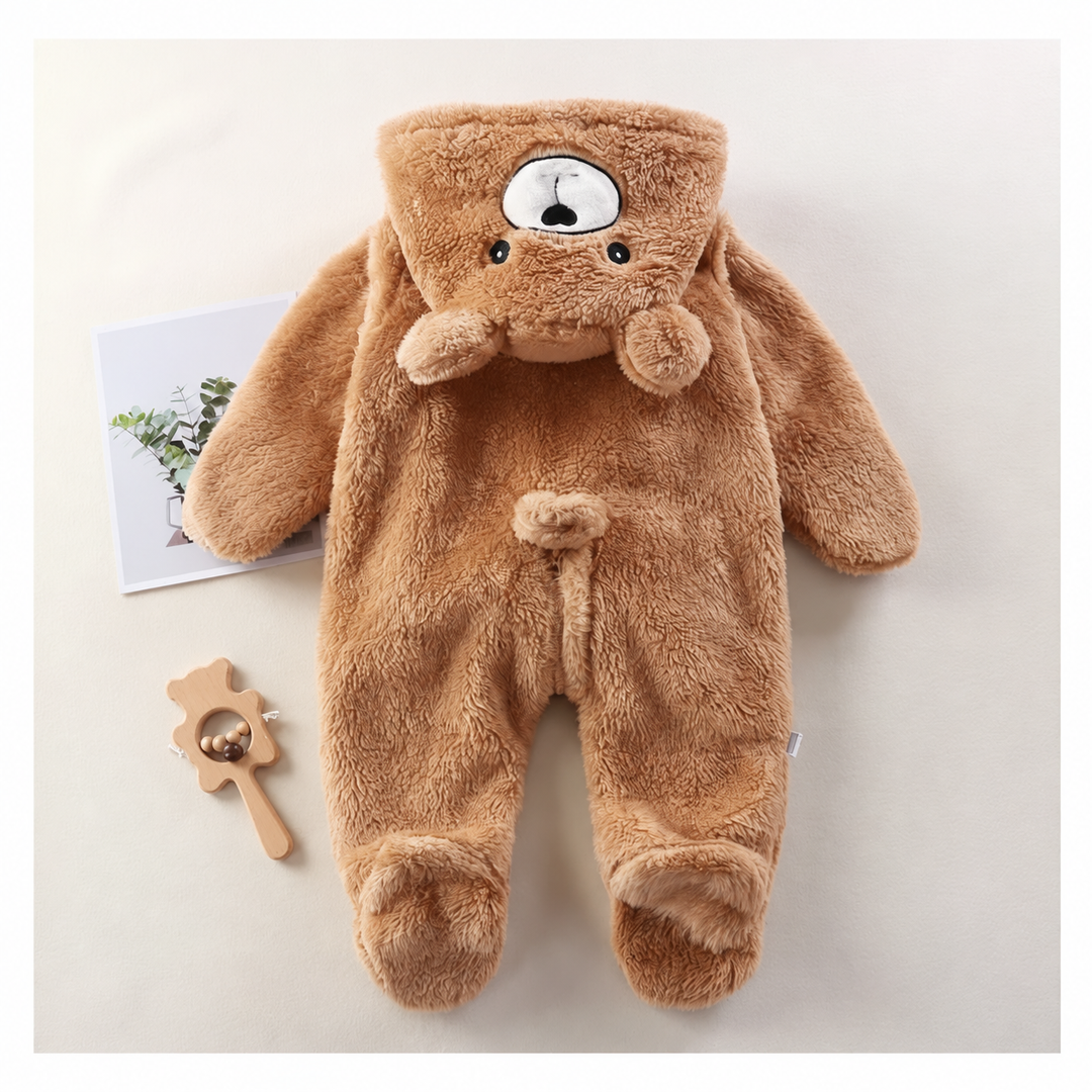 Back view of the brown bear baby onesie, showing its small tail and footed legs.
