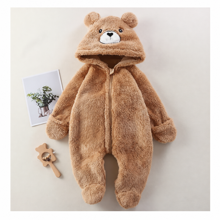 Front view of the brown bear baby onesie with an animal-face hood and enclosed feet.