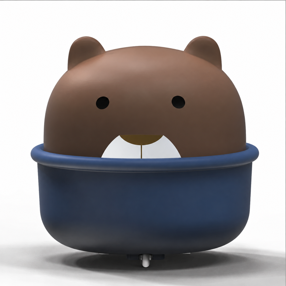 Front view of a brown bear toy car with a dark blue cup-shaped base