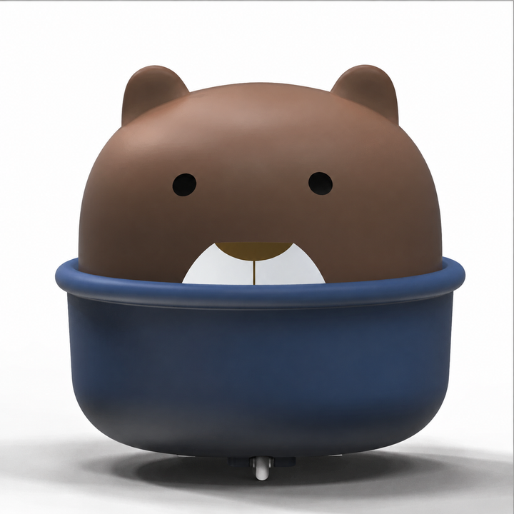 Front view of a brown bear toy car with a dark blue cup-shaped base