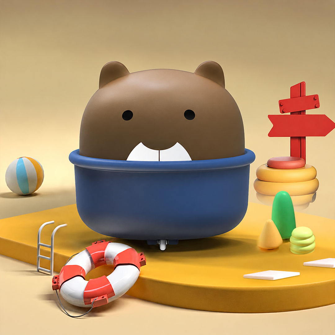 Brown bear toy car with a dark blue base on a yellow play-themed display