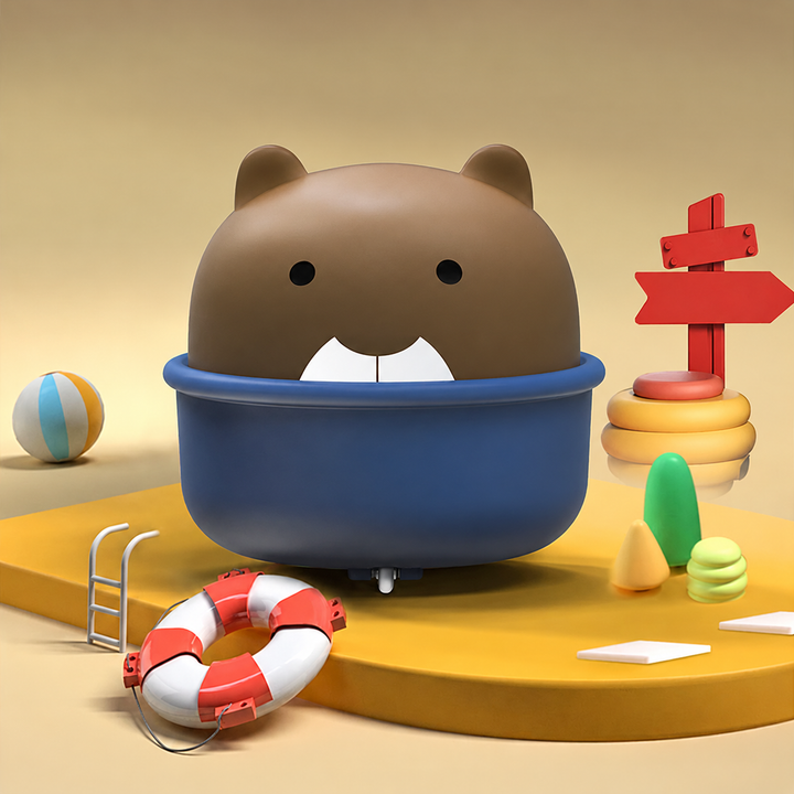 Brown bear toy car with a dark blue base on a yellow play-themed display