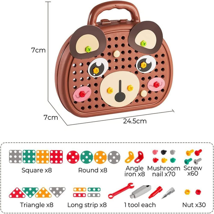 Brown bear-shaped storage case measurement diagram and illustrated parts list