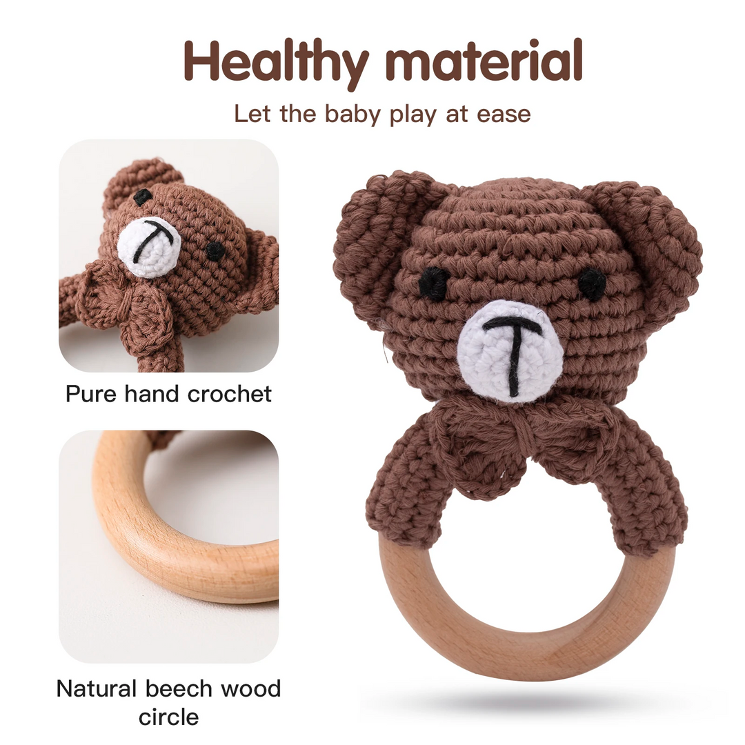 Brown bear rattle with close-up views of the crocheted head and wooden ring