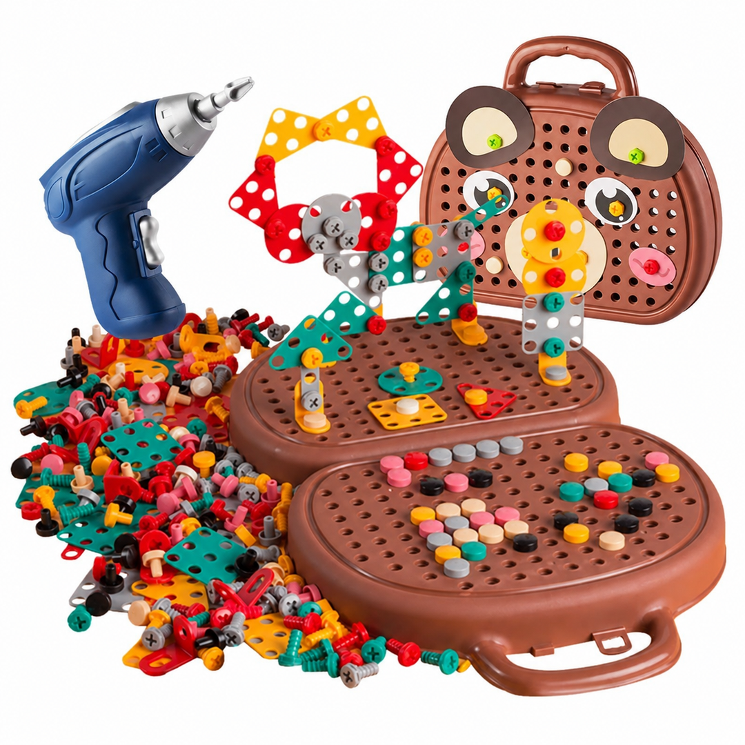 Brown bear-shaped building case with a blue play drill and colorful construction pieces