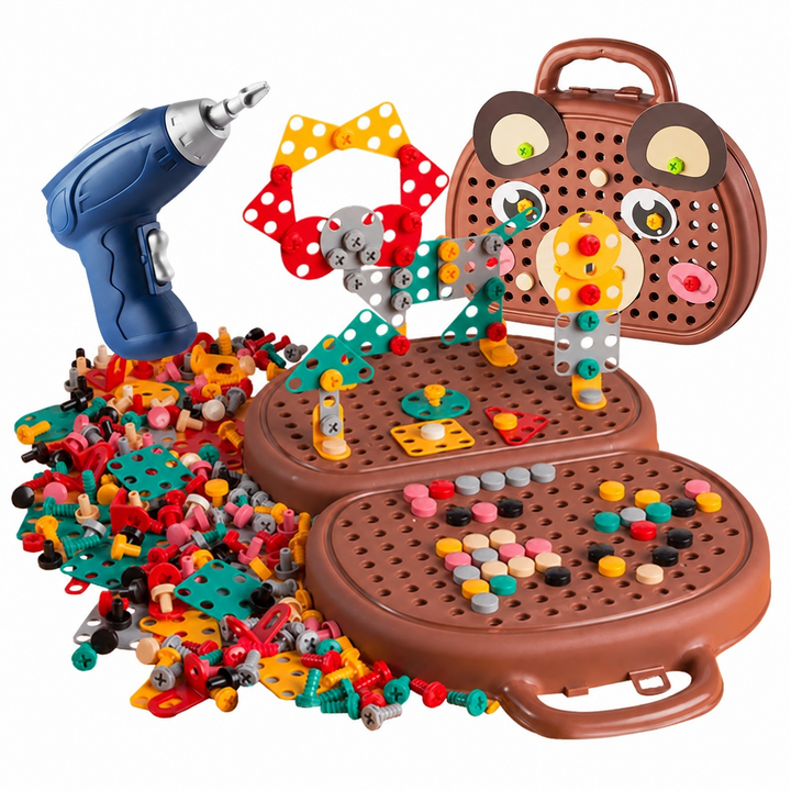 Brown bear-shaped building case with a blue play drill and colorful construction pieces