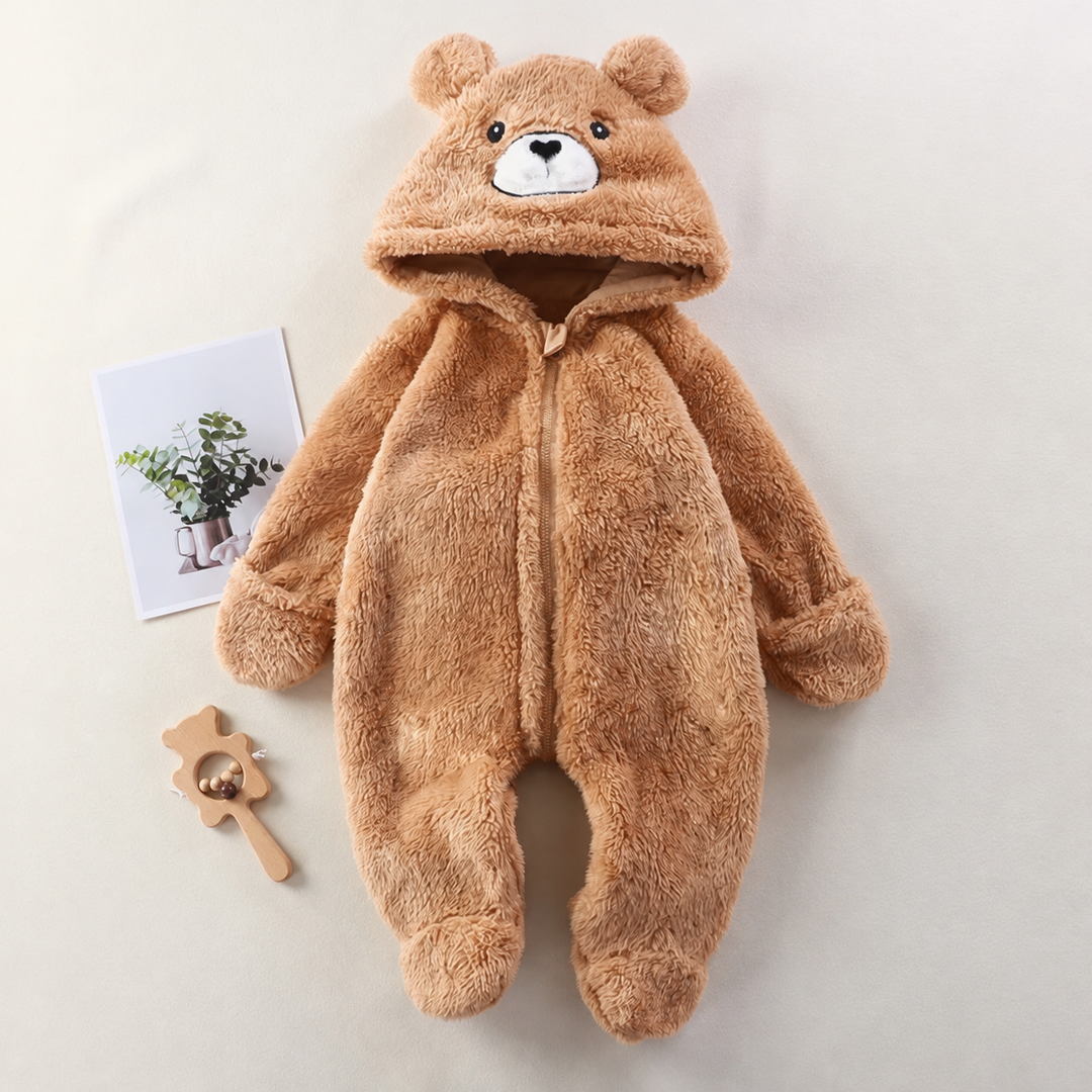 Brown bear hooded baby onesie with rounded ears, a front zipper, and covered feet.