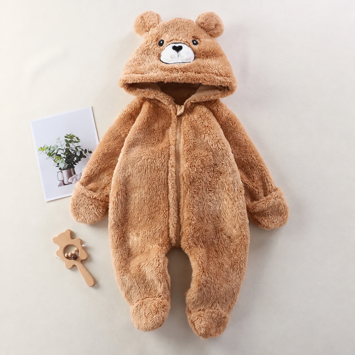 Brown bear hooded baby onesie with rounded ears, a front zipper, and covered feet.