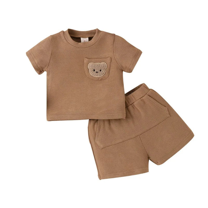 Brown bear-pocket T-shirt and matching shorts set on a white background