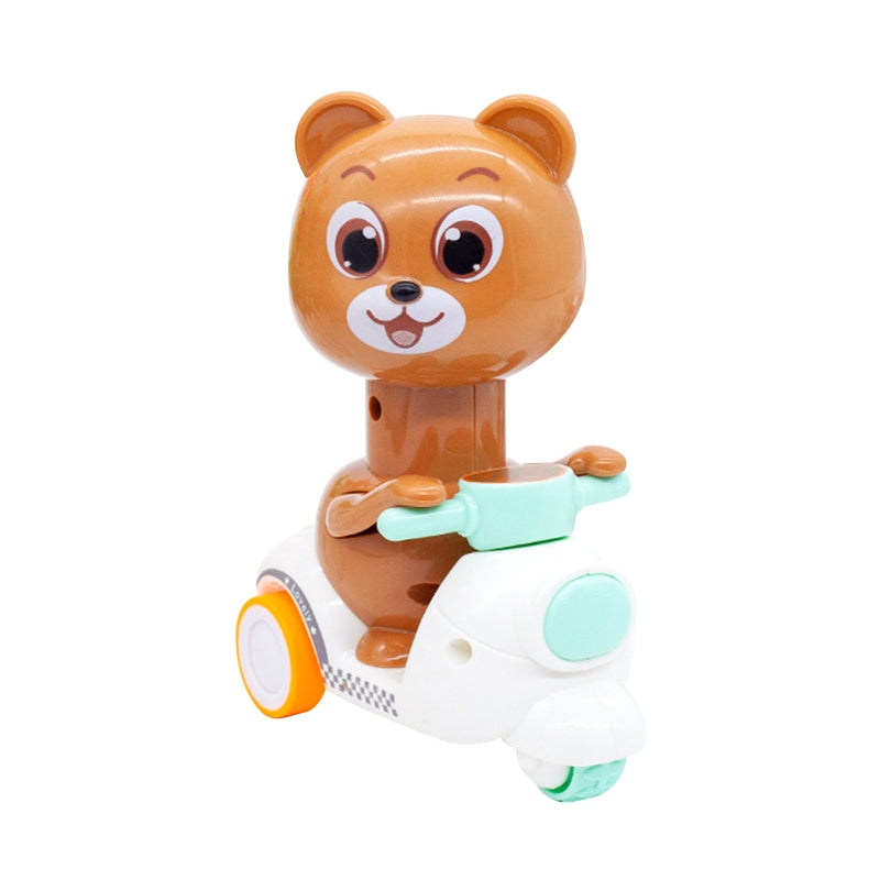 Brown bear rider on a white toy motorcycle with mint-green accents