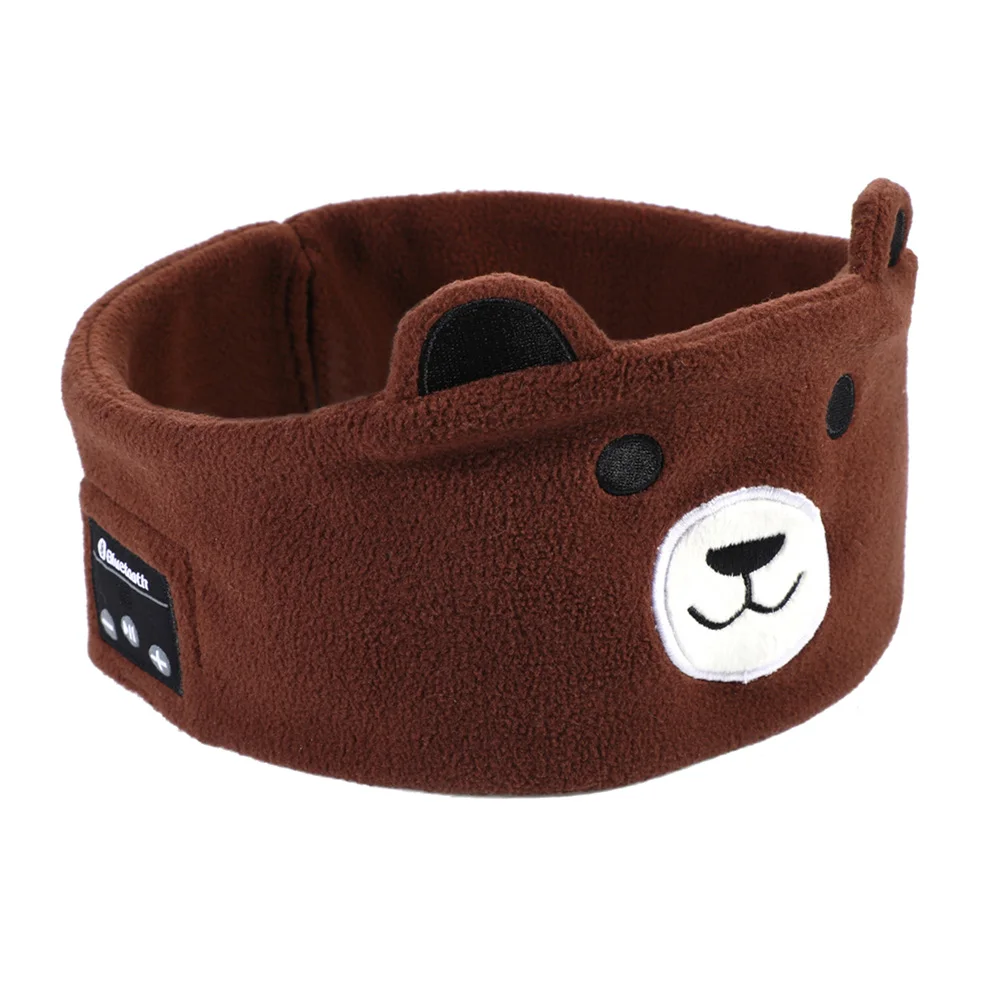 Brown bear Bluetooth sleep mask with rounded ears and side-mounted controls.