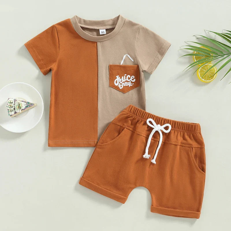 Front of the brown-and-beige cotton T-shirt with graphic chest pocket and matching brown shorts