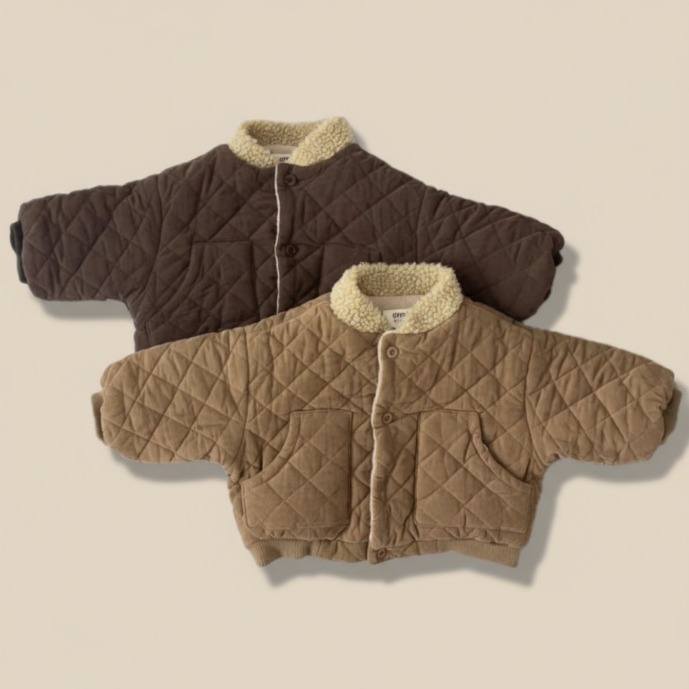 Brown and beige quilted coats with sherpa collars and front pockets