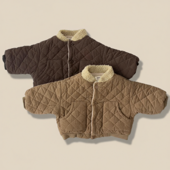 Brown and beige quilted coats with sherpa collars and front pockets