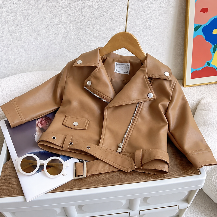 Brown faux leather biker jacket with a waist belt and snap-detail collar
