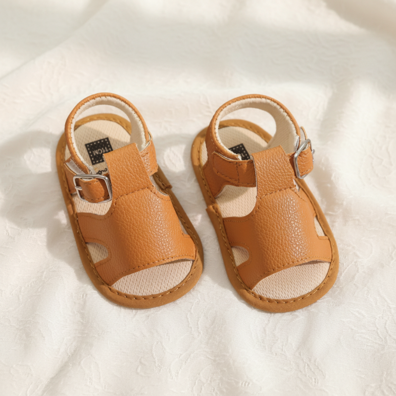 Pair of brown baby buckle sandals with open toes and side cutouts