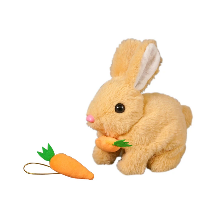 Brown plush rabbit shown with an orange carrot accessory