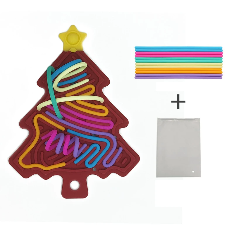 Brown Christmas tree fidget with colorful cords and a storage bag