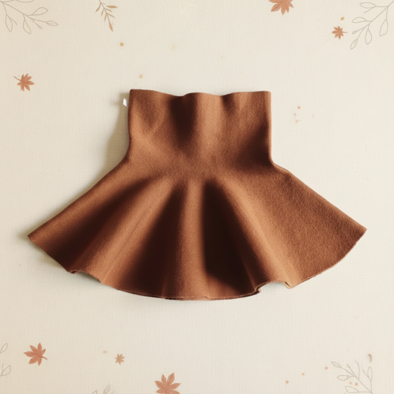 Plain brown knit skirt with a wide waistband and A-line shape