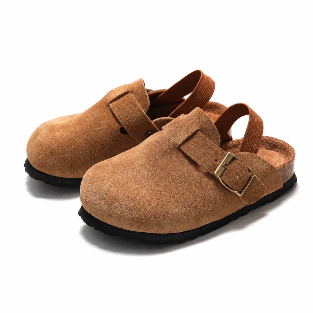Pair of Brown suede-look clog sandals with buckle details and elastic heel straps
