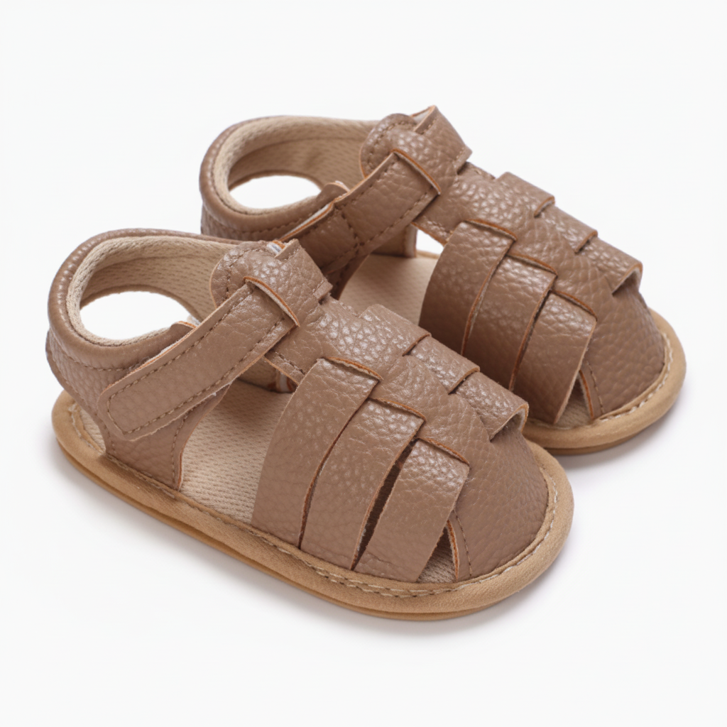 Pair of brown closed-toe baby sandals with interwoven straps and ankle fastenings