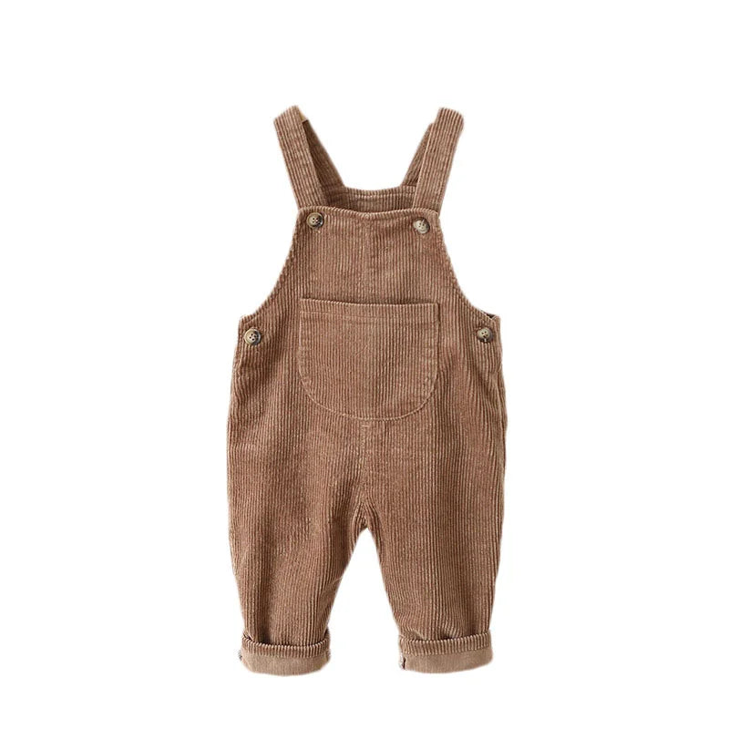 Front view of brown corduroy overalls with buttoned straps, side buttons, and a bib pocket