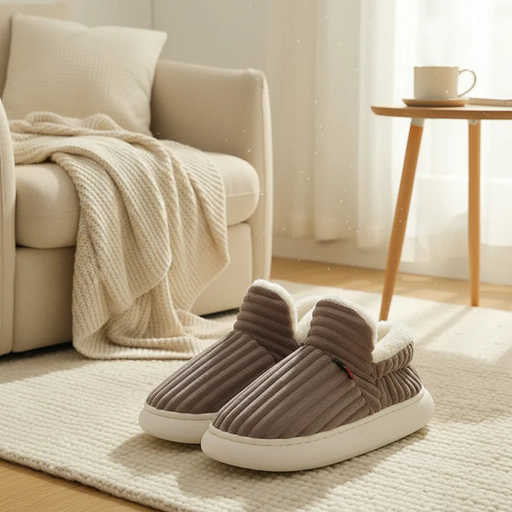 Brown corduroy slippers with white lining on a rug beside a sofa.