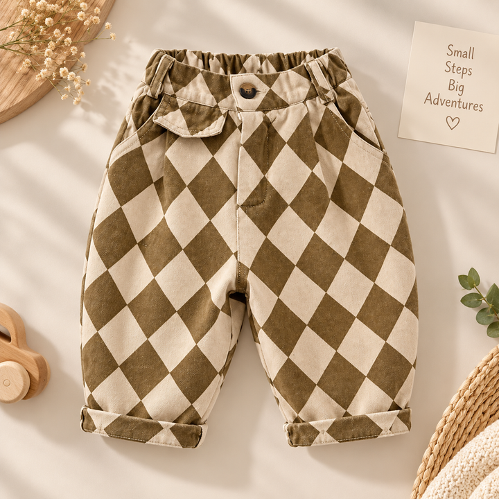 Brown and cream argyle pants with a button front, gathered waistband, and turned-up cuffs
