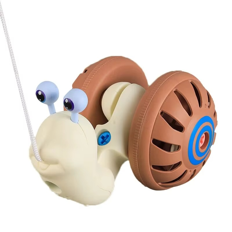 Brown and cream snail pull toy with raised eyes, spiral wheel details, and a white pull cord