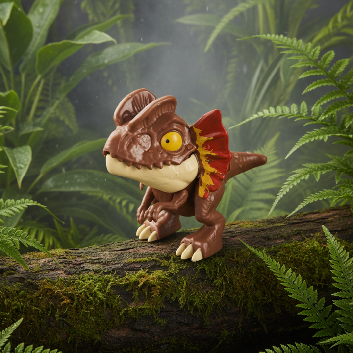 Brown Dilophosaurus figure with a red-and-yellow neck frill posed on a log