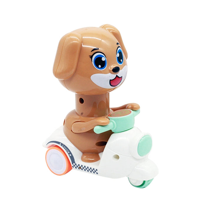 Brown dog rider on a white toy motorcycle with mint-green handlebars