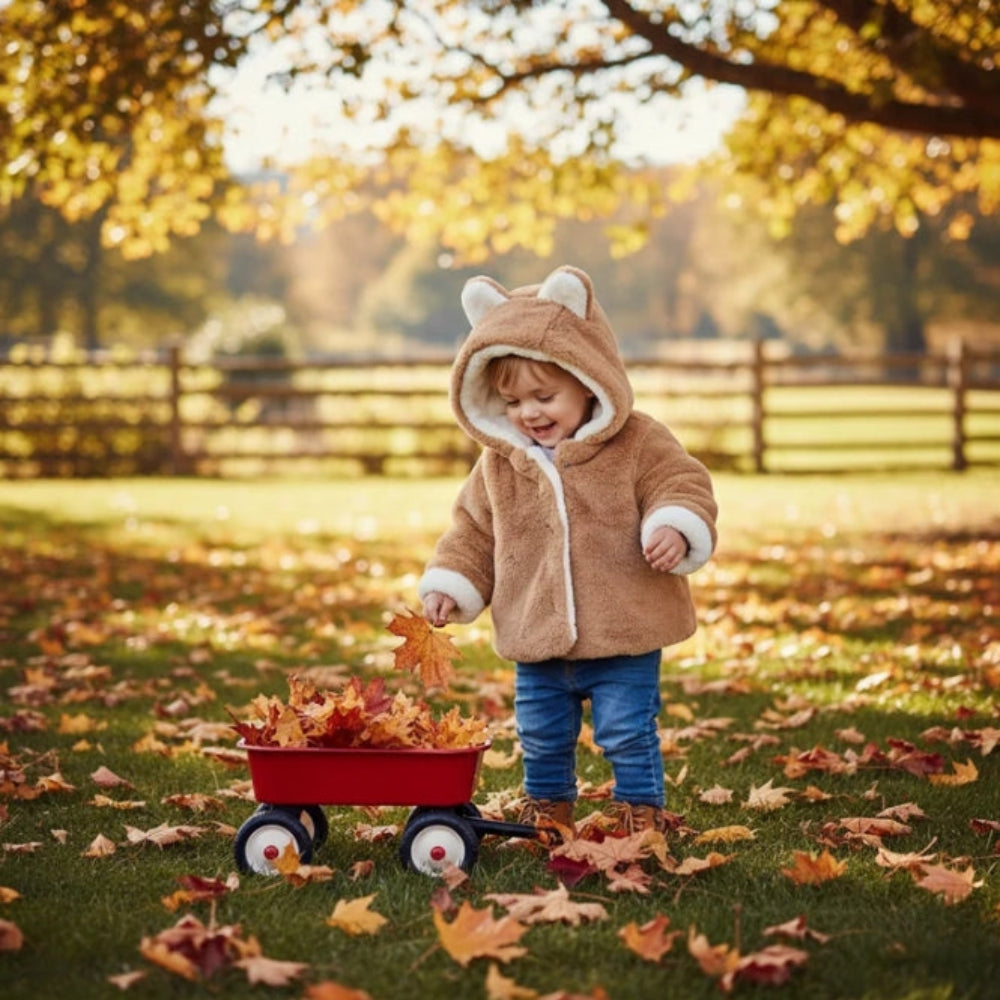 Child wearing a brown animal-ear hooded jacket beside a red wagon in an autumn park