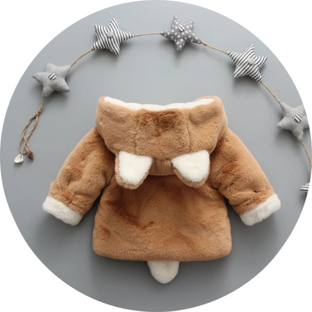 Rear view of the brown plush jacket with animal-ear hood, cream cuffs and a small tail