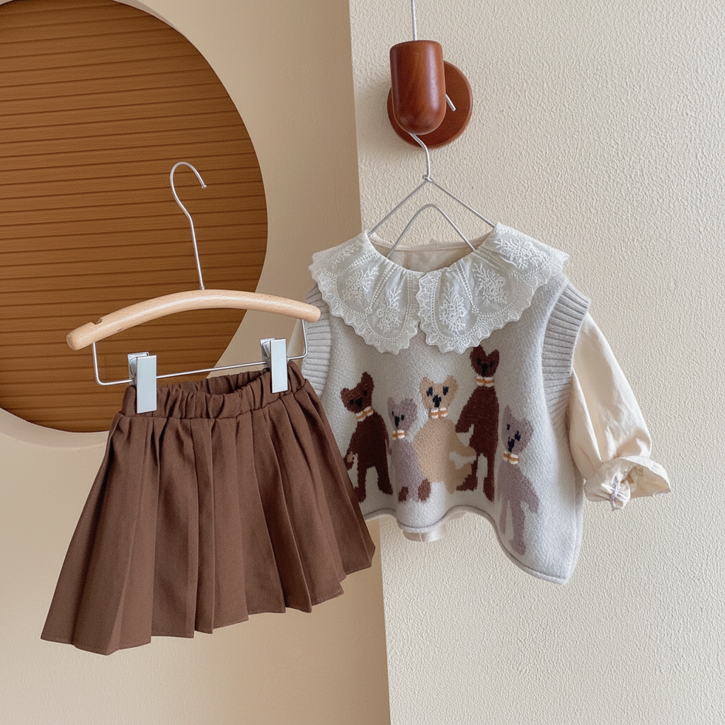 Brown elastic-waist skirt displayed beside the white blouse and animal-pattern knit vest