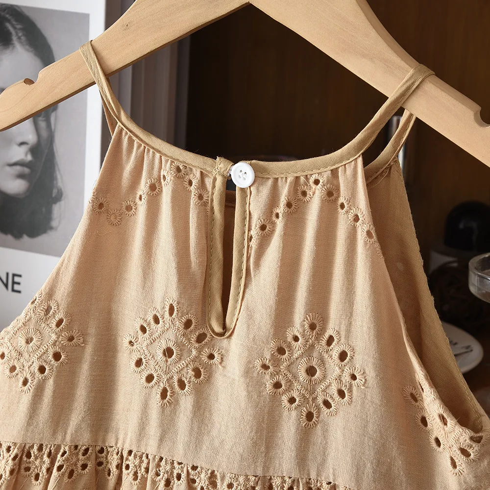 Brown dress back neckline with a button closure, keyhole opening and floral eyelet embroidery