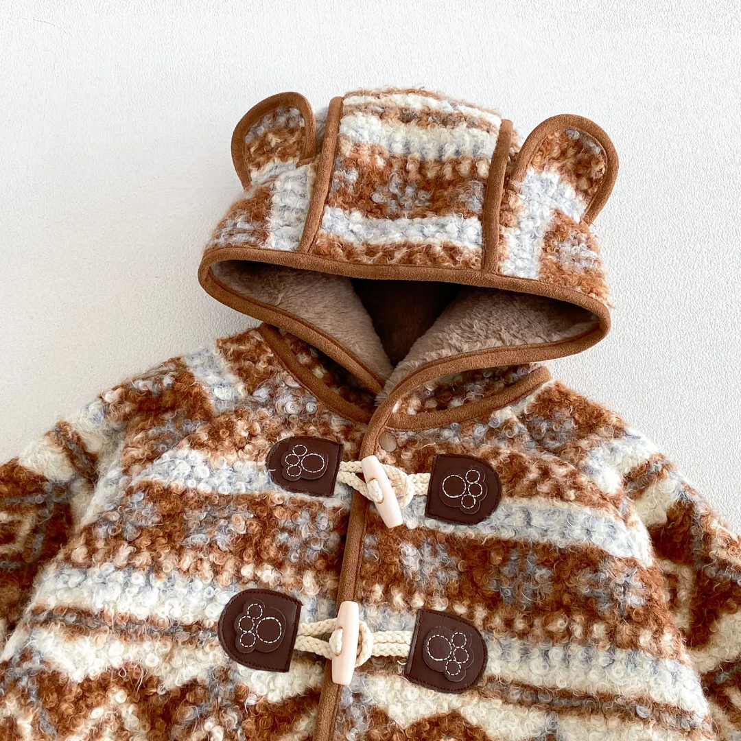 Brown Fair Isle jacket hood with rounded ears and two front toggle fastenings