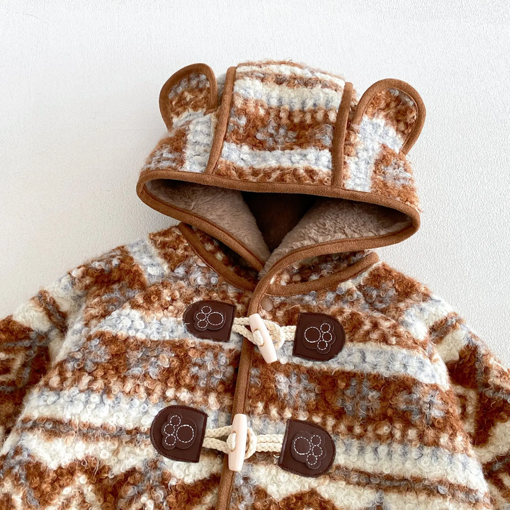 Brown Fair Isle jacket hood with rounded ears and two front toggle fastenings