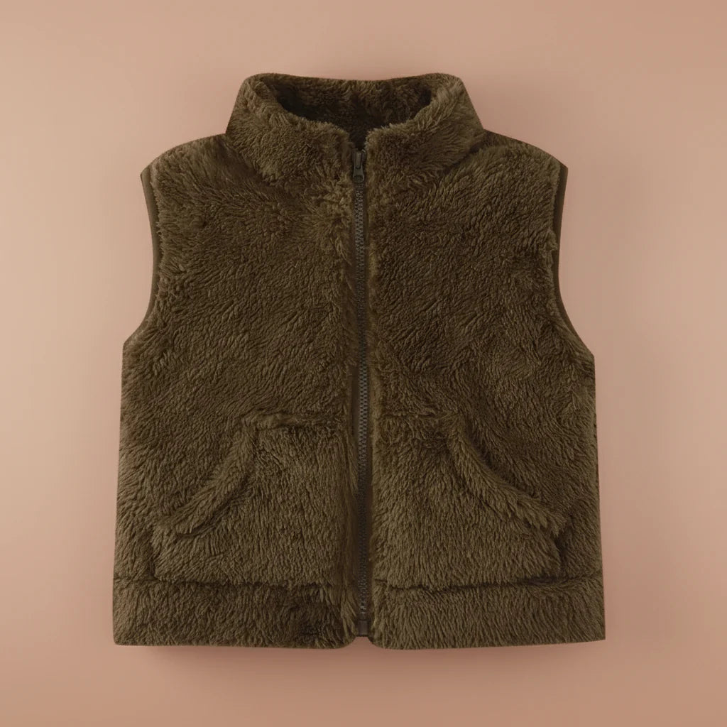 Brown fleece vest with a stand-up collar, front zipper, and pockets