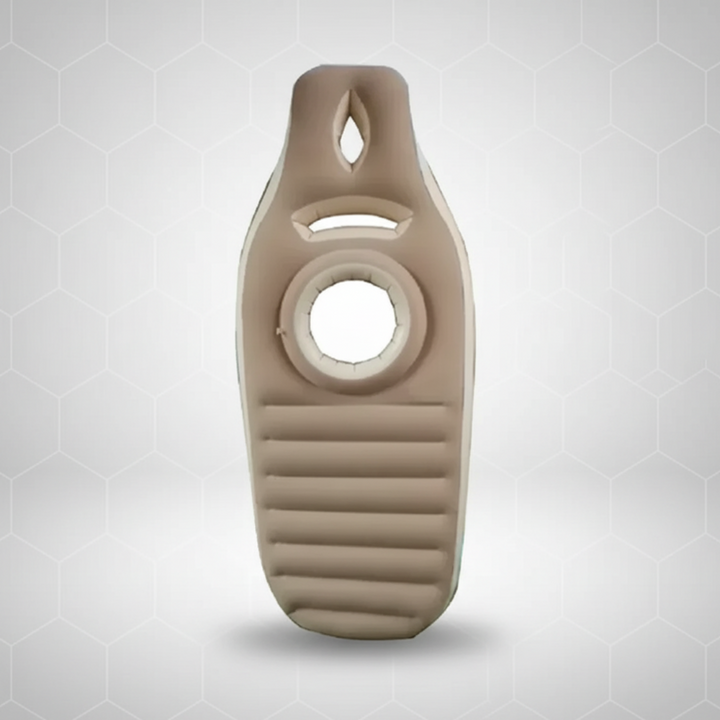 Brown inflatable pregnancy pillow with a circular belly opening and ribbed lower section