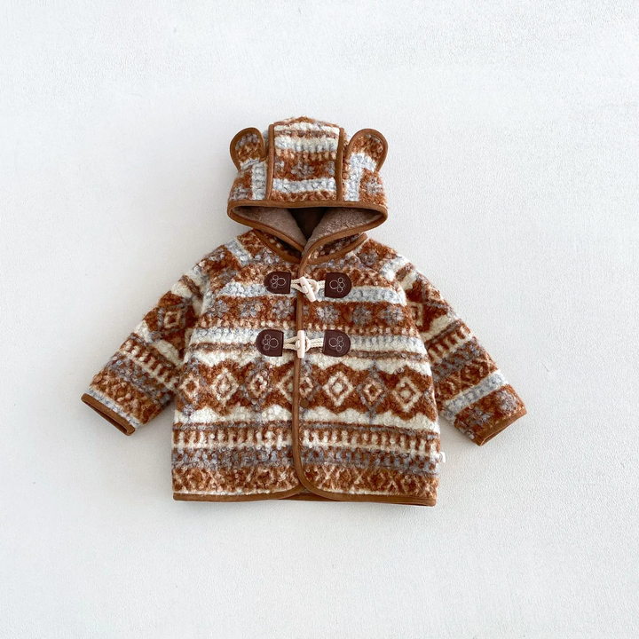 Brown geometric-pattern winter jacket with an ear hood and toggle closures