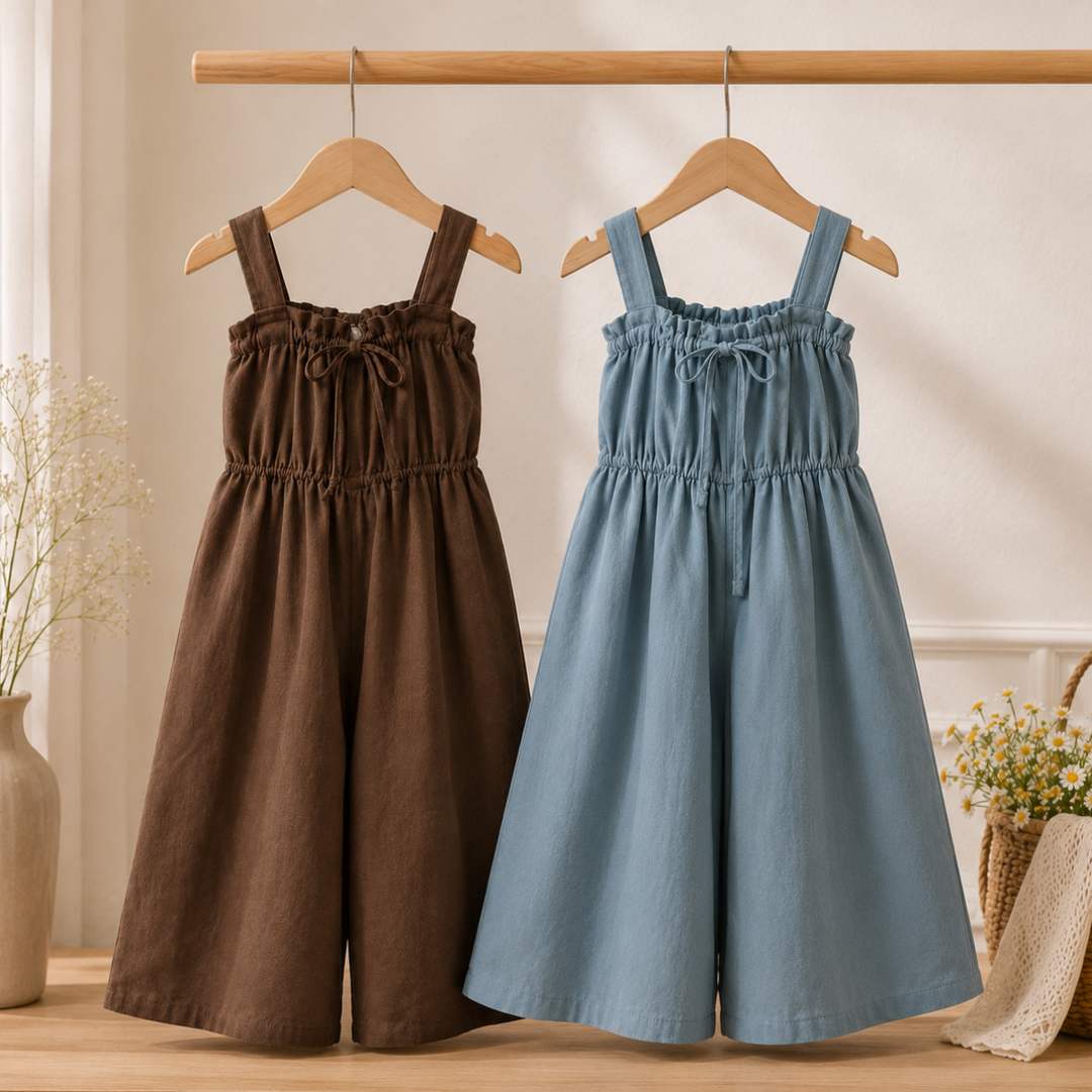 Brown and gray sleeveless bow jumpsuits with gathered bodices and wide legs on wooden hangers