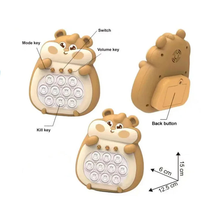 Brown hamster game diagrams showing front controls, back button and dimensions