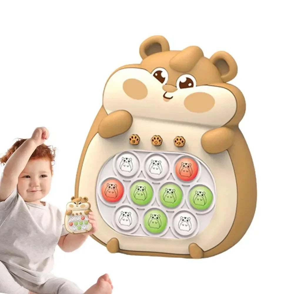 Child holding a hamster speed game beside a larger view of the brown hamster design