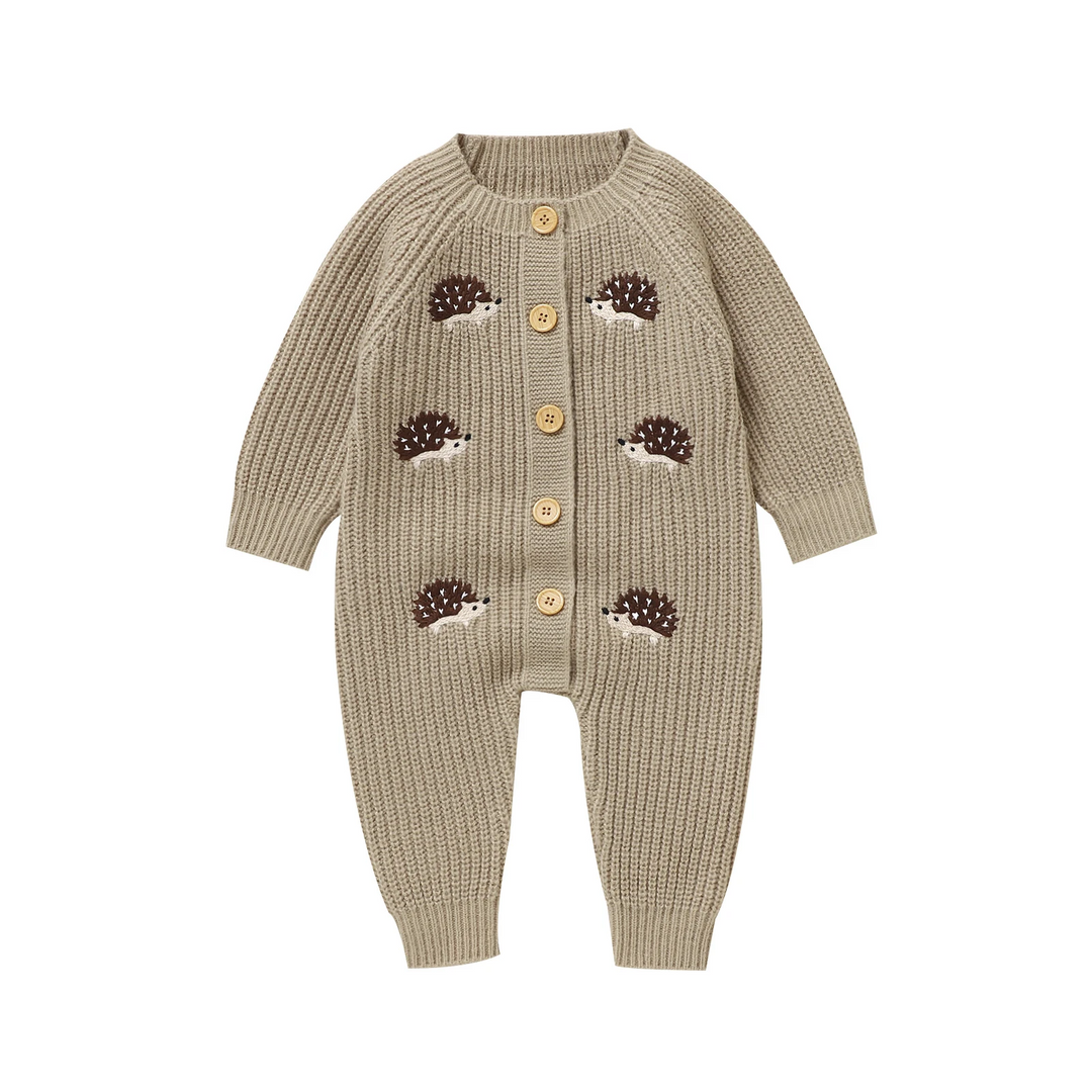 Brown hedgehog knit baby jumpsuit with a round neck and front buttons.