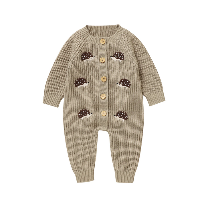 Brown hedgehog knit baby jumpsuit with a round neck and front buttons.